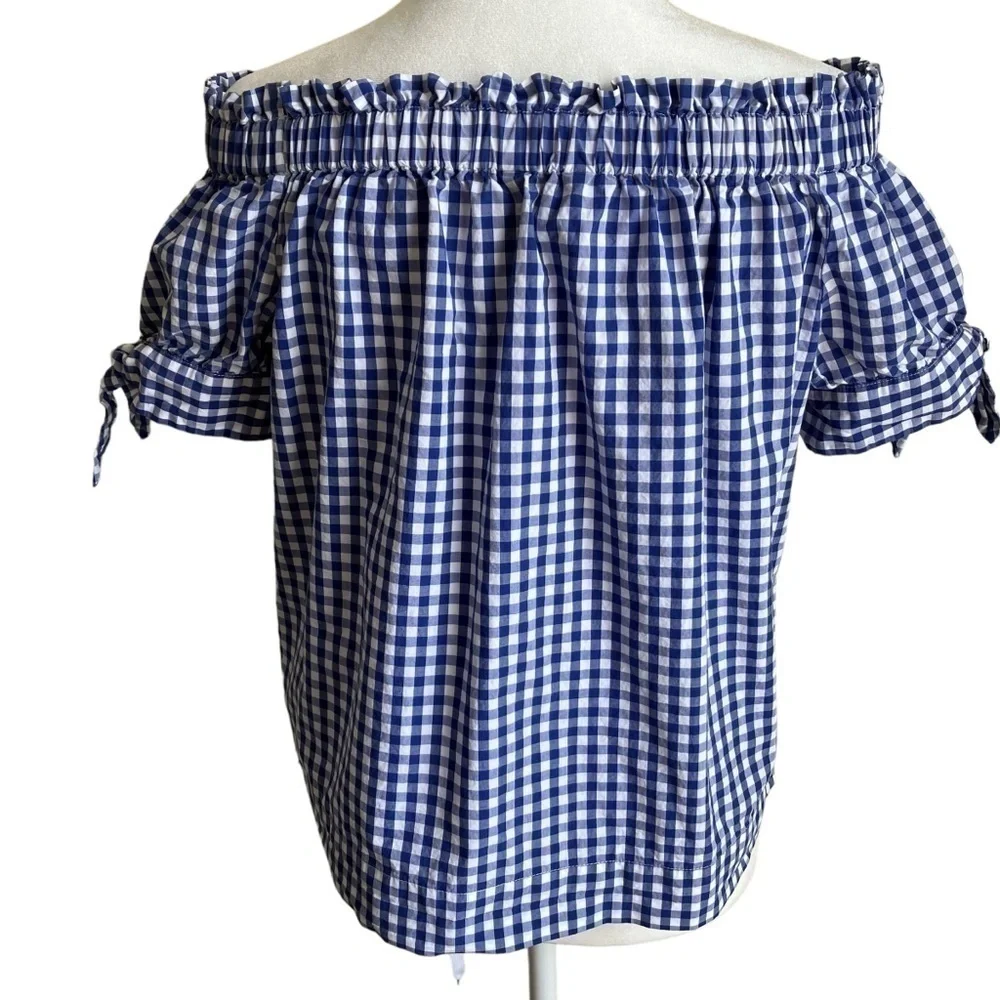 J. Crew Blue White Gingham Checkered Off The Shoulder Top Cottagecore Size 2
